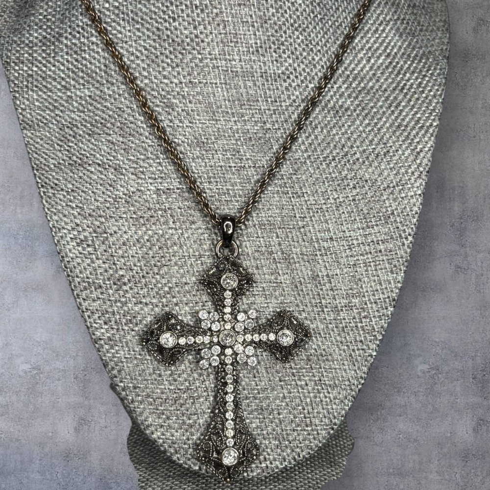 Silver Rhinestone Statement Cross  Necklace Goth Punk Victorian Vintage